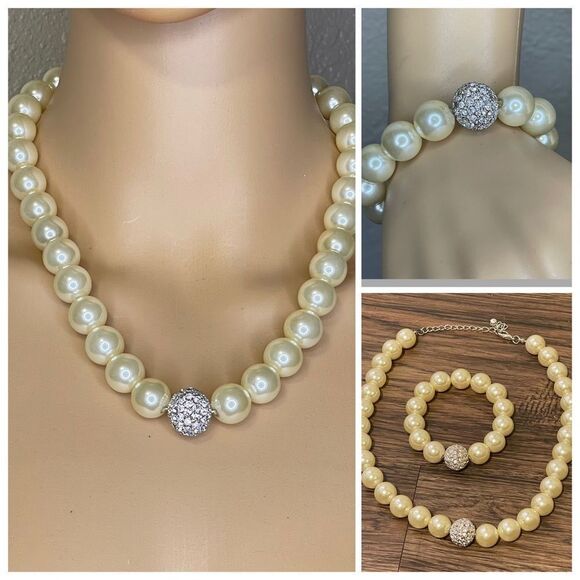 Jewelry - Faux Pearl Bridal Choker Necklace and Bracelet Silver Rhinestone Bead Detail